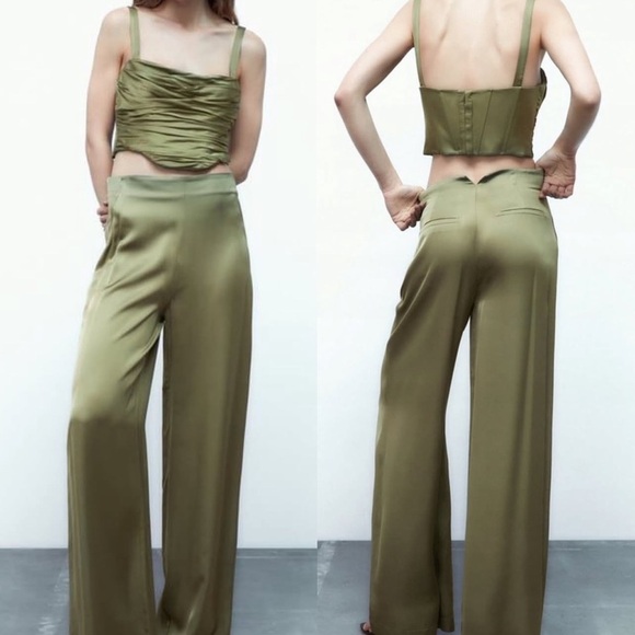 Zara green satin flare pants size medium high waisted - Picture 13 of 13